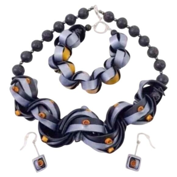 RARE 2010 NIB Handmade Polymer Clay Black, Gold & Gray Necklace, Earrings & Brac - Picture 4 of 9